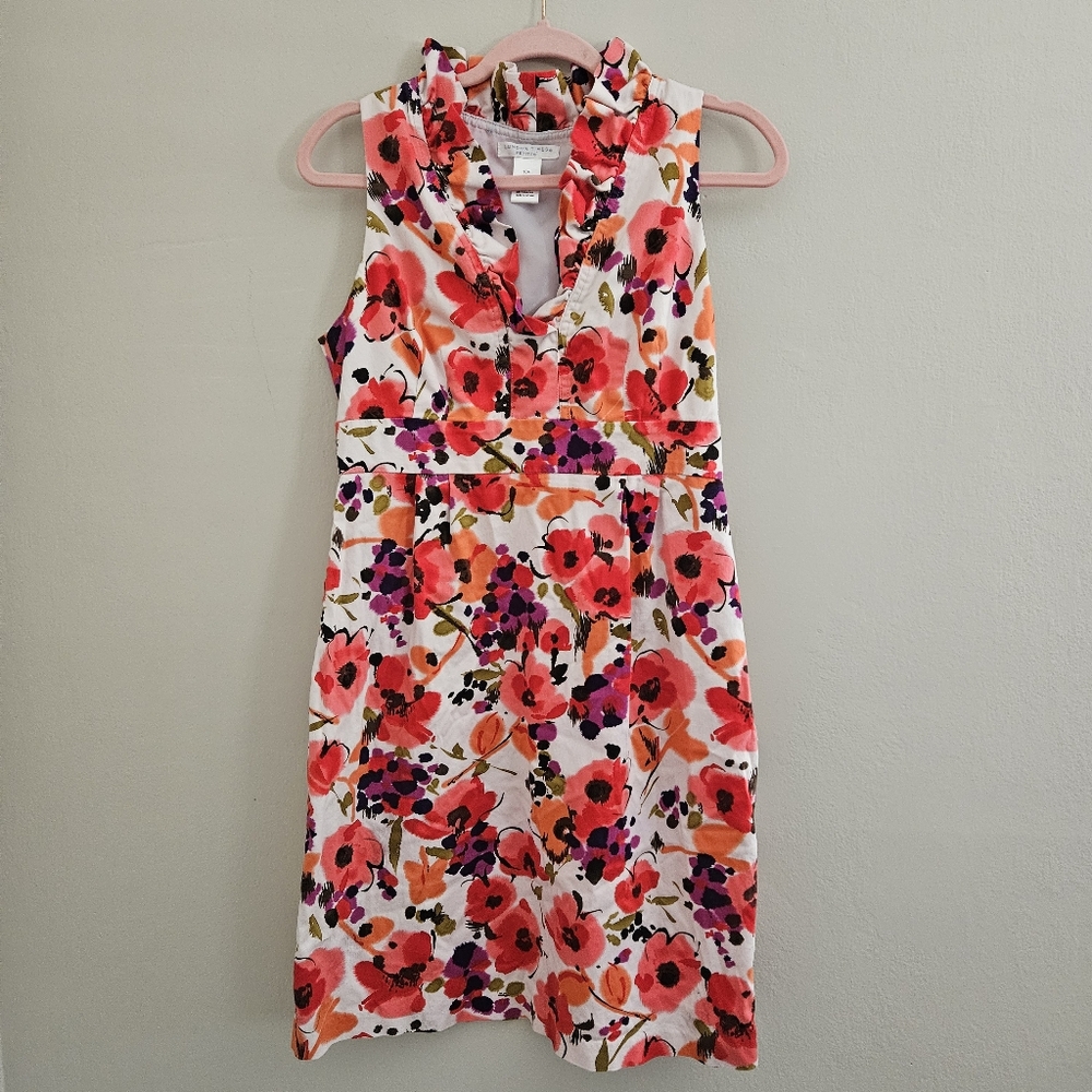 London Times Petites Floral Sleeveless Dress Ruffle Collar Cotton Shift Rose 10P